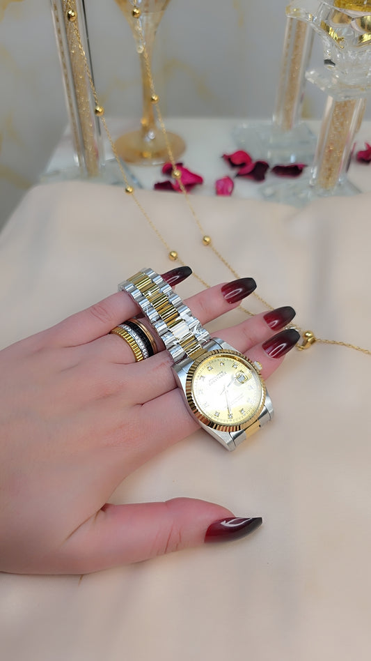 Montre bicolor fond doré